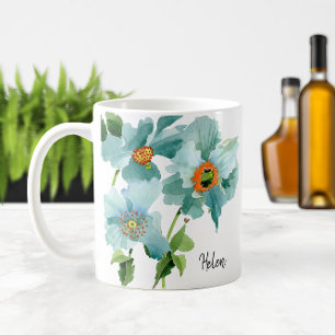 Caneca De Café 💦 Watercolor Tea Poppies Nome ou Monograma