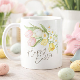 Caneca De Café Watercolor Tulips & Daffodils Happy Easter 