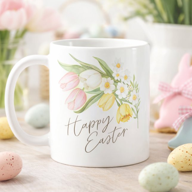 Caneca De Café Watercolor Tulips & Daffodils Happy Easter  (Criador carregado)