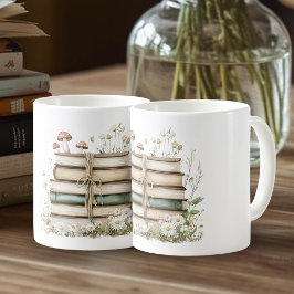 Caneca De Café Watercolor Vintage Books and Wildflowers
