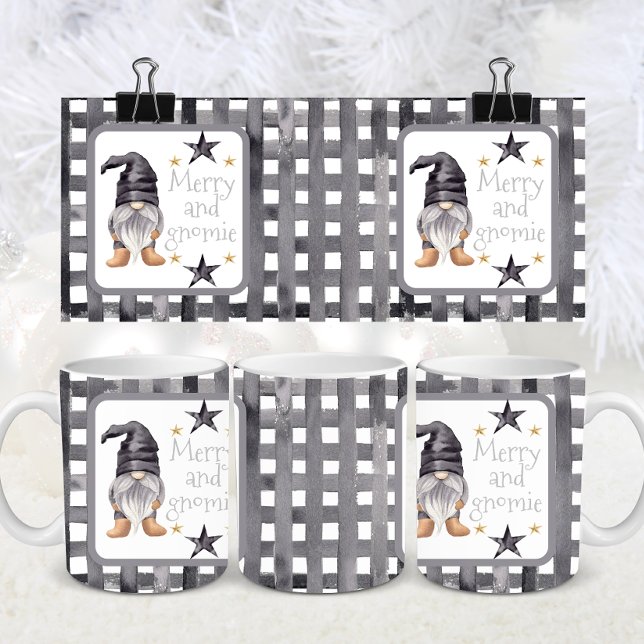 Caneca De Café Watercolor Winter Gnomon Buffalo check Natal (Criador carregado)