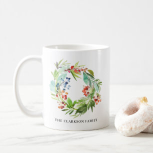 Caneca De Café Watercolor Winterberry Holly e Juniper Christmas