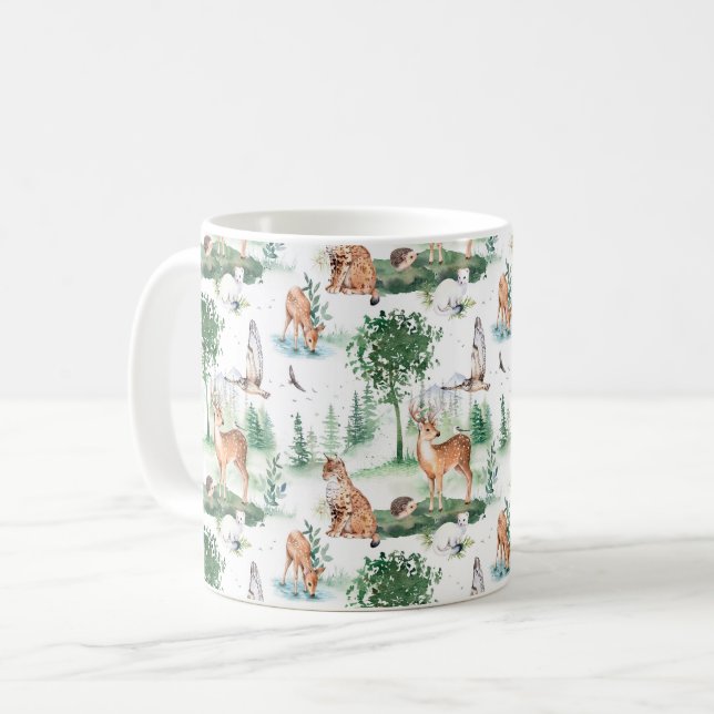 Caneca De Café Watercolor Woodland Baby Animal Patterno (Frente Esquerda)