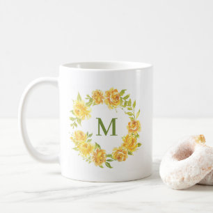 Caneca De Café Watercolor Yellow Summer Flowers Wreath Monograma