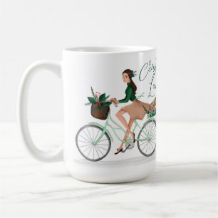 Caneca De Café Waterolor Christmas Loving Girl Dirigindo Uma Bici