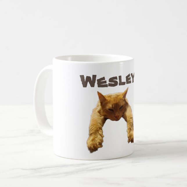 Caneca De Café Wesley Name Com Gato Preguiçoso, Coffee Mug (Frente Esquerda)