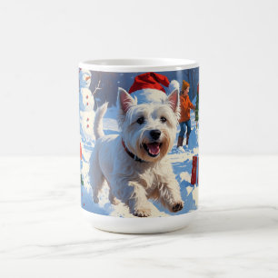 Caneca De Café Westie Correndo na Neve com Chapéu de Natal