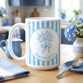 Caneca De Café Whimsical Blue White Stripe Preppy Monogram