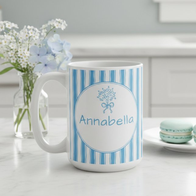 Caneca De Café Whimsical Blue White Stripe Preppy Monogram (Criador carregado)