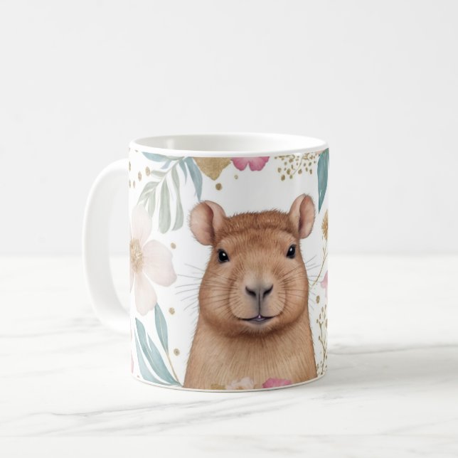 Caneca De Café Whimsical Capybara e Floral Delight (Frente Esquerda)