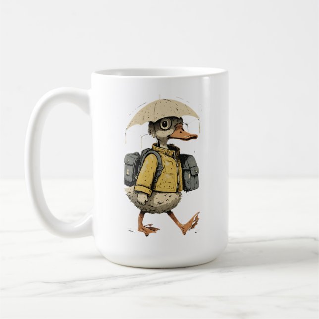 Caneca De Café Whimsical Duck Walking in Rain Art (Esquerda)