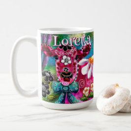 Caneca De Café Whimsical Floral Cow Pink Teal Black Personalized