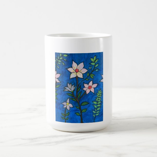 Caneca De Café Whimsical Flowers with Blue Background  (Centro)