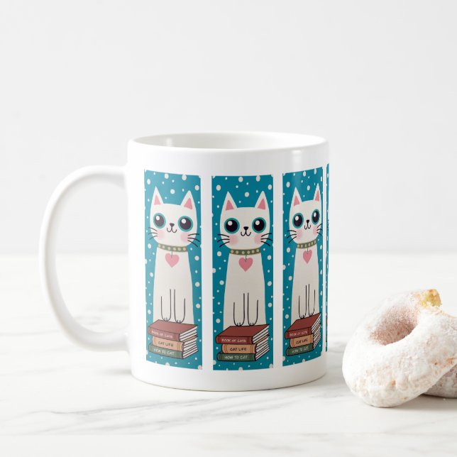 Caneca De Café Whimsical Quirky Doodle White Cat E Livros (Com Donut)