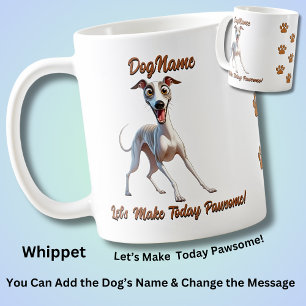 Caneca De Café Whippet, Adicionar Nome do Cachorro, Alterar Texto