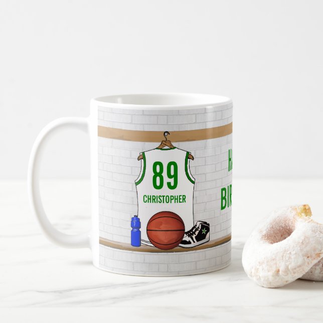 Caneca De Café White and Green Basball Jersey personalizado (Com Donut)
