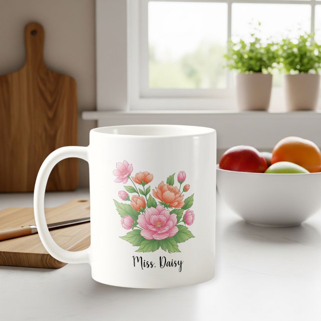 Caneca De Café White Ceramic Personalized Mug with Floral Design  (Criador carregado)