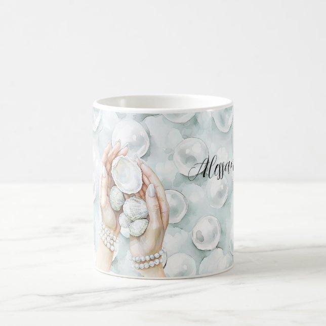 Caneca De Café White Ocean Seafoam Blue Shells Pearls (Centro)