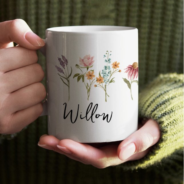 Caneca De Café Wildflower Field Boho Personalizado Mug com Nome (Criador carregado)
