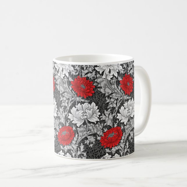 Caneca De Café William Morris Chrysanthemums, Cinzas e Vermelho (Frente Esquerda)