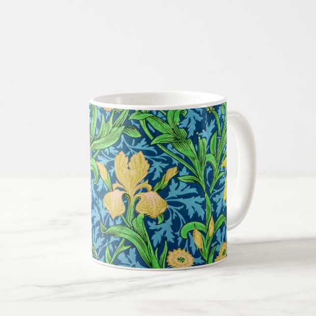 Caneca De Café William Morris Irises, Amarelo e Azul Cobalto (Frente Esquerda)