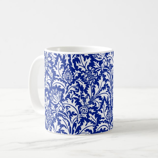 Caneca De Café William Morris Thistle Damask White em Cobalto Azu (Frente Esquerda)