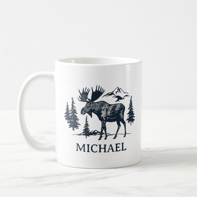 Caneca De Café Winter Forest Woodland Moose Personalized   (Esquerda)