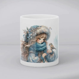Caneca De Café Winter Girl with Bird in Blue Floral Coat