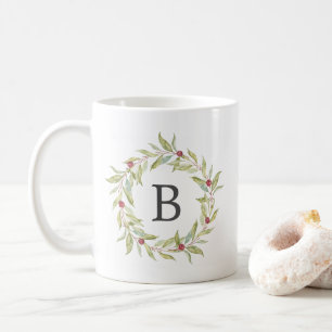 Caneca De Café Winter Greenery Berries Wreath Monograma Natal