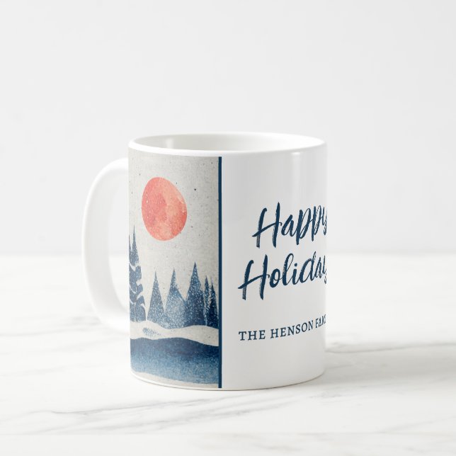 Caneca De Café Winter Landscape Forest Moon Navy Blue Drawing  (Frente Esquerda)