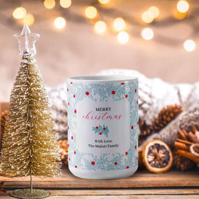 Caneca De Café Winter Sprig Pattern | Minimal Pine Branch & Berry (Criador carregado)