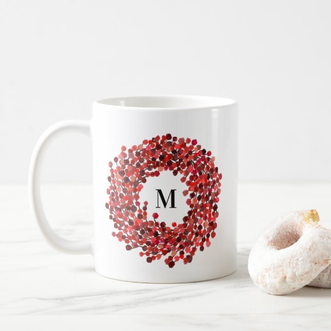Caneca De Café Winterberry Winterberry Wreath Monograma (Com Donut)