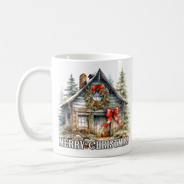Caneca De Café Wintertime Merry Christmas Country Cottage (Esquerda)