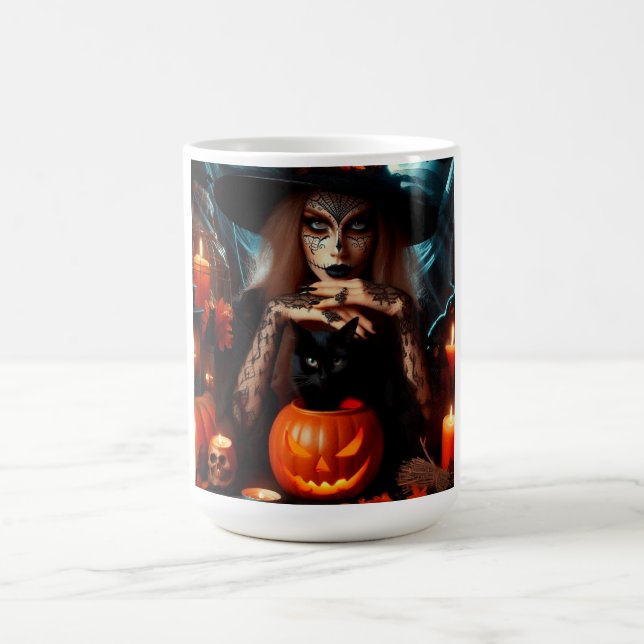 Caneca De Café Witch black cat candles Halloween (Centro)