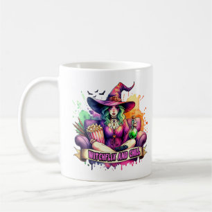 Caneca De Café "Witchflix e Chill - Design de Bruxas Divertidas p
