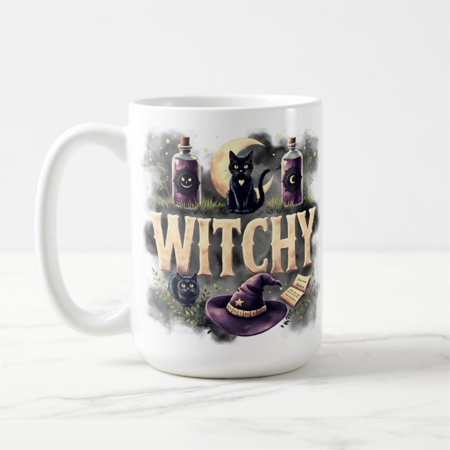 Caneca De Café Witchy Cat Halloween Women's Dark Gothic Tshirt (Esquerda)