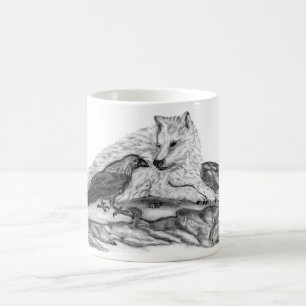 Caneca De Café Wolf e Raven design preto e branco