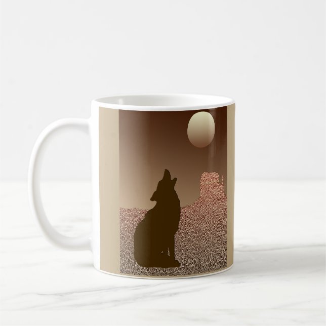 Caneca De Café Wolf Howling na Lua em Brown e Tan (Esquerda)