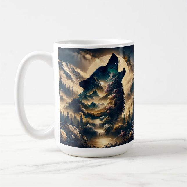 Caneca De Café Wolf Howling na lua numa noite nublada (Esquerda)