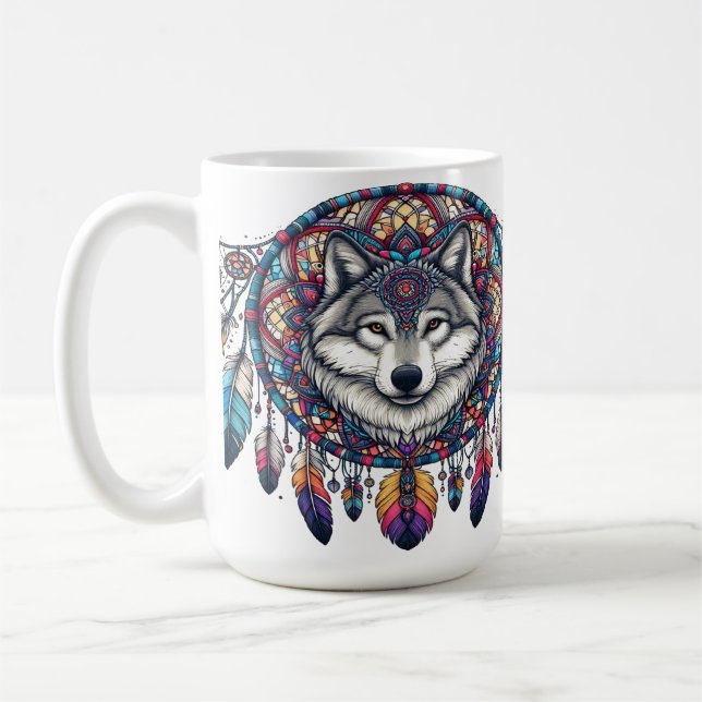 Caneca De Café Wolf Mandala Design com Dreamcatcher e Penas (Esquerda)