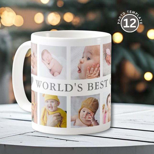Caneca De Café World's Best Grandpa Gray 12 Photo Collage  (Criador carregado)