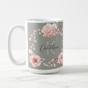 Caneca De Café Wreath Rosa de Aquarela Personalizada Sage Green