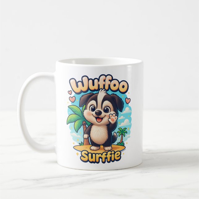 Caneca De Café Wuffoo Surffie Cute Kawaii Puppy Tropical Island (Esquerda)
