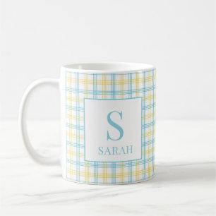 Caneca De Café Xadrez Amarelo Pastel com Nome e Inicial Personali