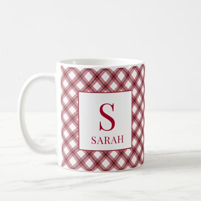 Caneca De Café Xadrez Argyle Vermelho Monograma Nome (Esquerda)
