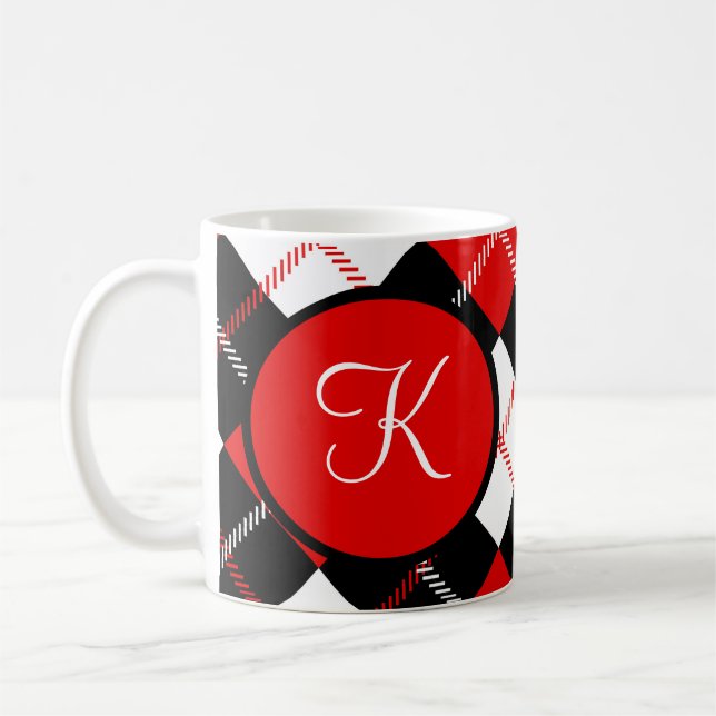 Caneca De Café Xadrez Argyle Vermelho Preto e Branco Monogramado  (Esquerda)