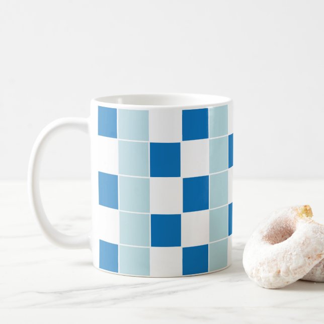 Caneca De Café Xadrez Azul Branco (Com Donut)