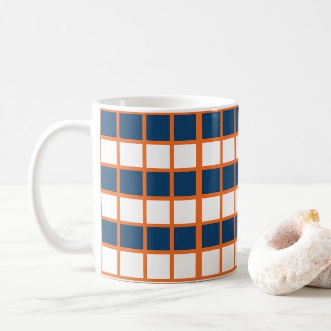 Caneca De Café Xadrez Azul Branco Laranja (Com Donut)