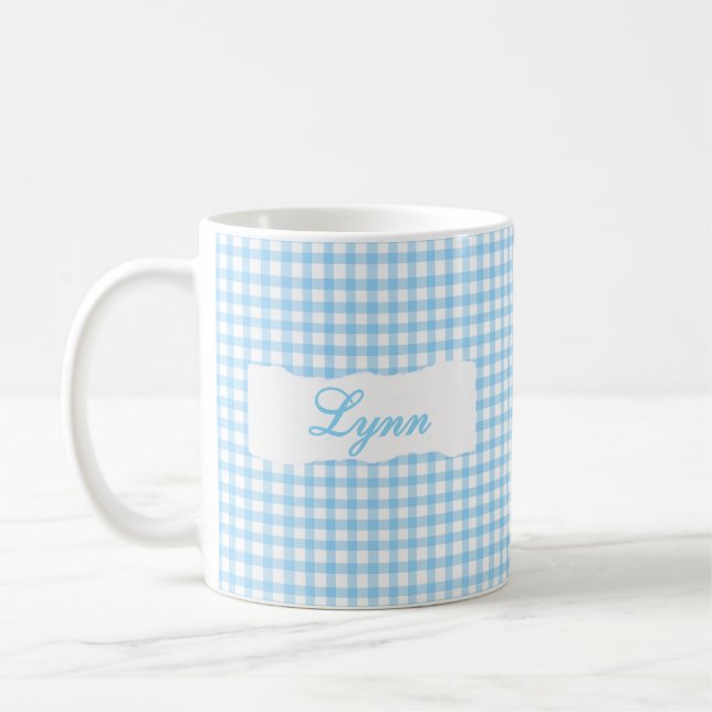 Caneca De Café Xadrez Azul Clássico com Nome Personalizado  (Esquerda)