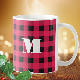 Caneca De Café Xadrez Búfalo Vermelho Preto Monograma Natal